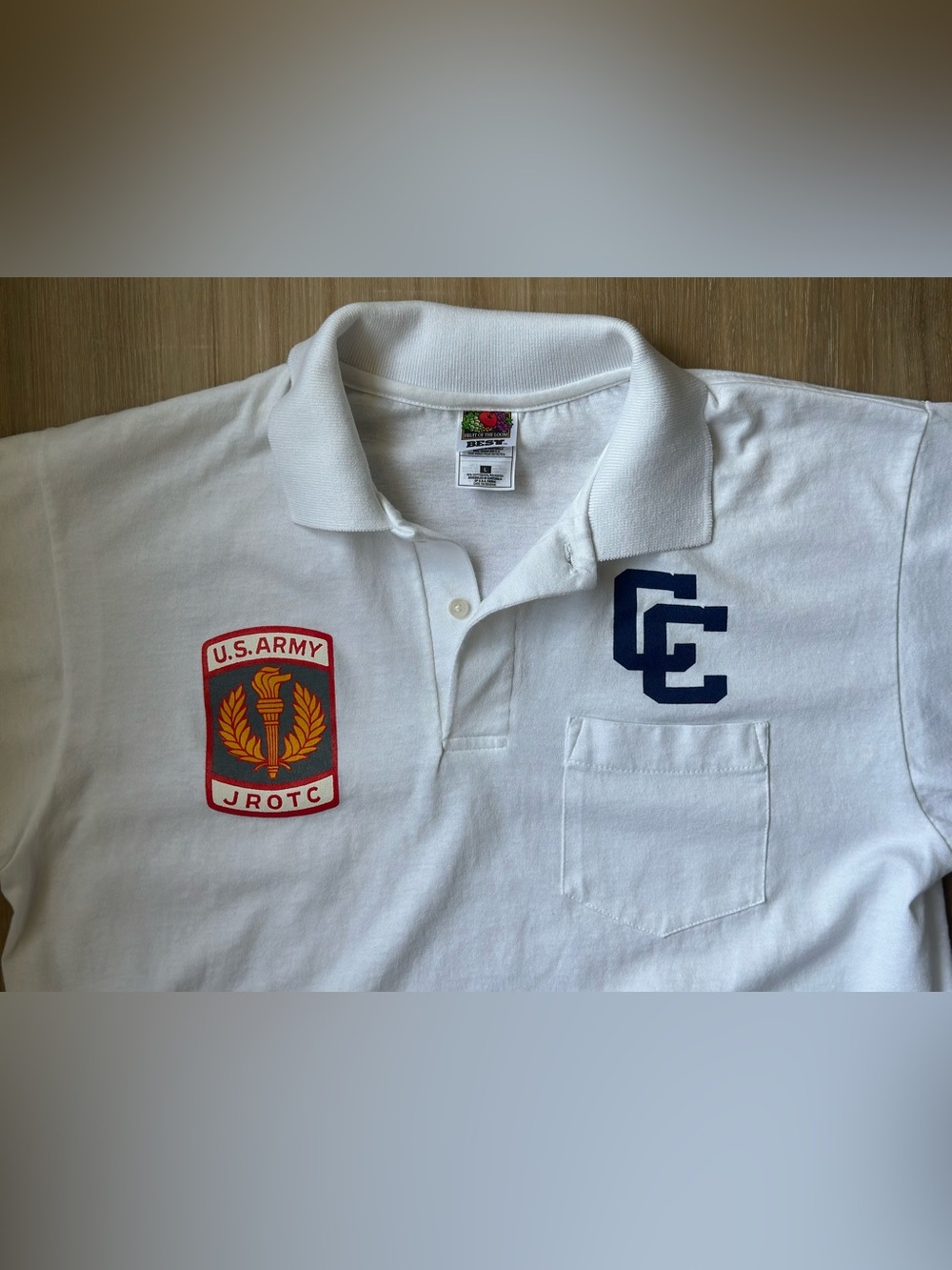 Vintage Fruit of the Loom White Polo Shirt with U.S. Army JROTC and CC Patch
